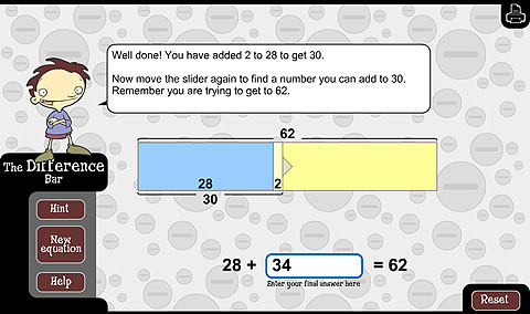 Problem of 62 minus 28, with a diagrammatic representation of 2 added to 28 to give 30, leaving 32 plus the remaining 2 to reach 64.