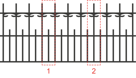 A drawing of a fence showing two groupings of uprights railings, each of which is a repeating pattern.