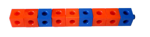 A line of nine cubes. The pattern of two red cubes and one blue cube is repeated three times.